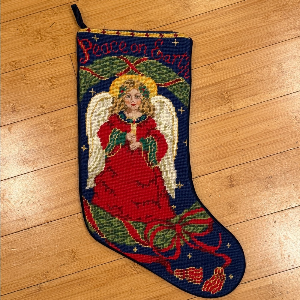 Vintage Needlepoint Peace on Earth Angel 100% Wool & Velvet Christmas Stocking